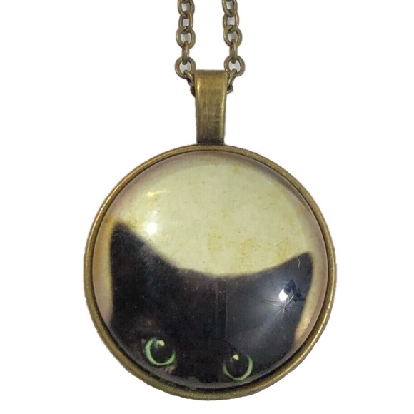 Bronze Peeking Cat Cabochon Necklace - Picture 2 of 6